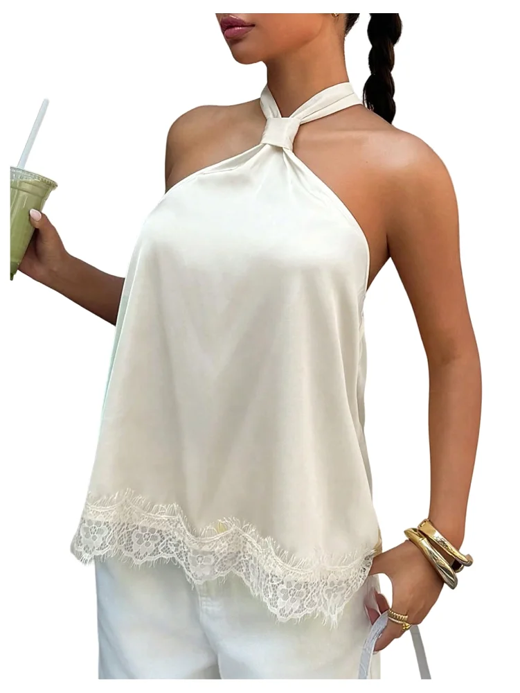MAKEMECHIC Satin Lace Sleeveless Halter Top