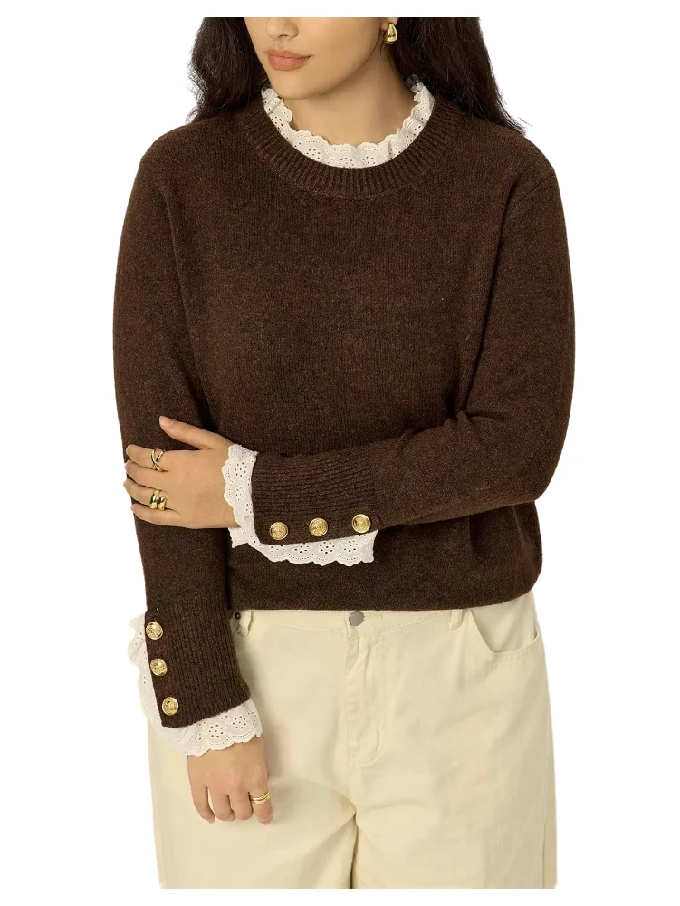 MAKEMECHIC Lace Trim Crew Neck Sweater