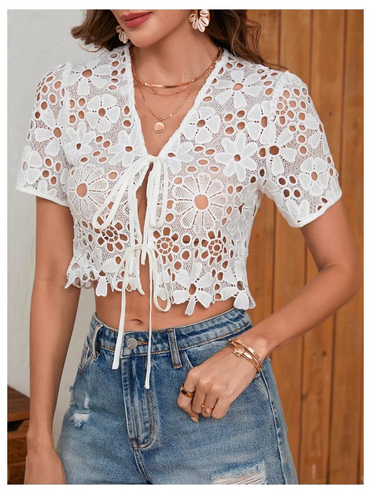 MAKEMECHIC Floral Embroidery Tie Front Crop Top, view 3