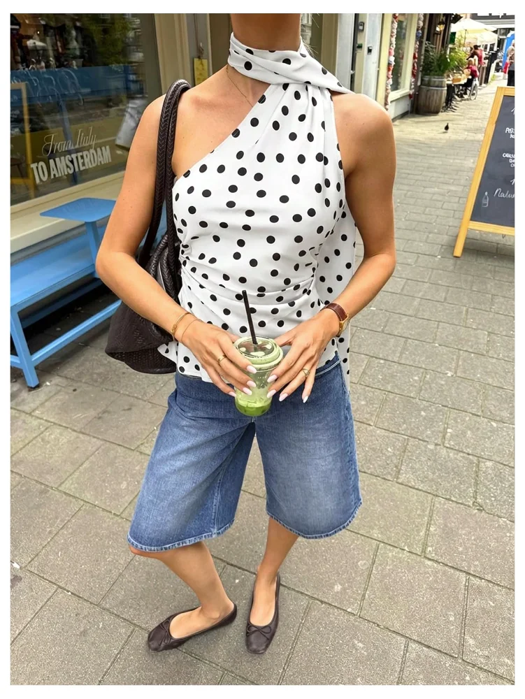 MAKEMECHIC Polka Dot One Shoulder Sleeveless Tank Top, view 2