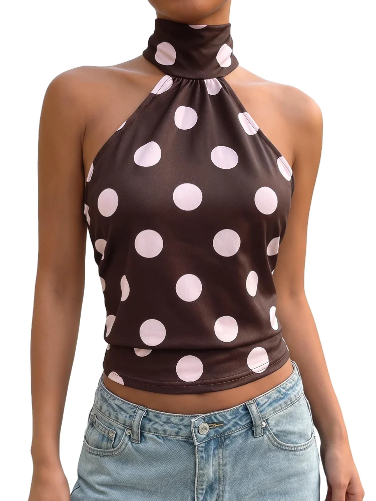MAKEMECHIC Polka Dot Open Back Cinched Halter Top