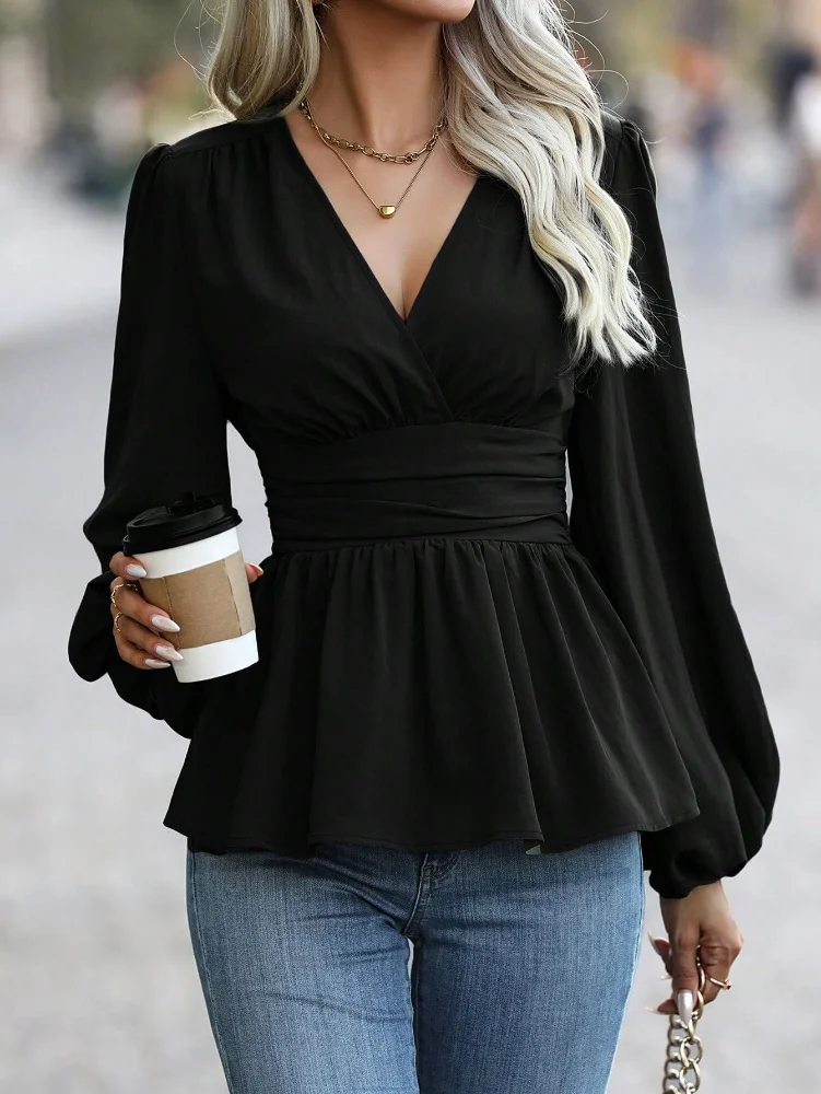 MAKEMECHIC Wrap V-Neck Cinched Blouse, view 3