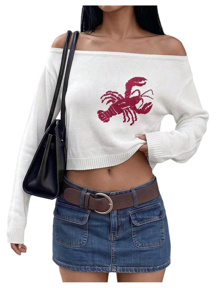 MAKEMECHIC Lobster Cropped Off The Shoulder Sweater