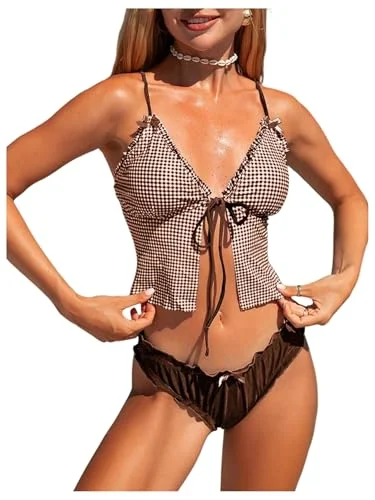MAKEMECHIC Gingham Tie Front Ruffle Bikini Set