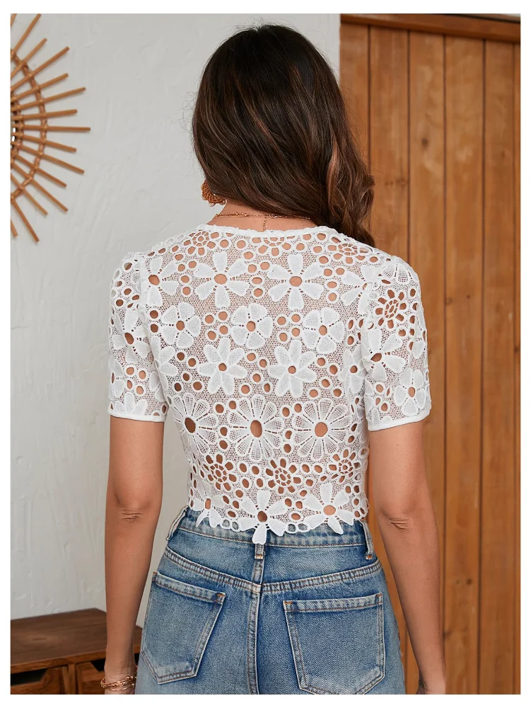 MAKEMECHIC Floral Embroidery Tie Front Crop Top, view 2