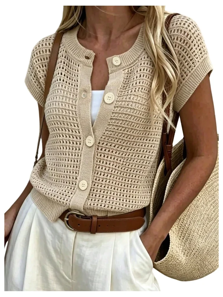 MAKEMECHIC Crochet Short Sleeve Crewneck Sweater