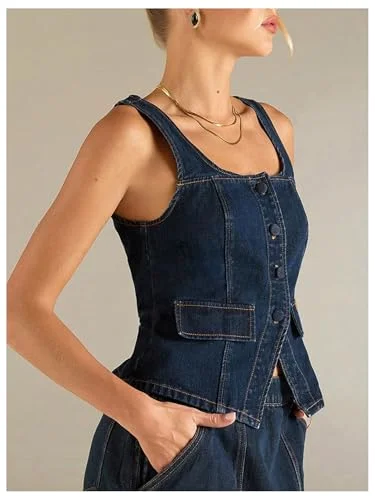 MAKEMECHIC Denim Square Neck Sleeveless Vest, view 3