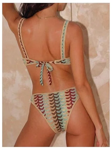 MAKEMECHIC Crochet Striped High Bikini Set, view 2