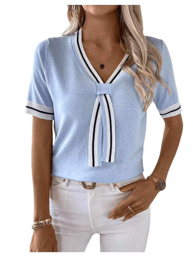 MAKEMECHIC Striped V-Neck Short Sleeve Sweater