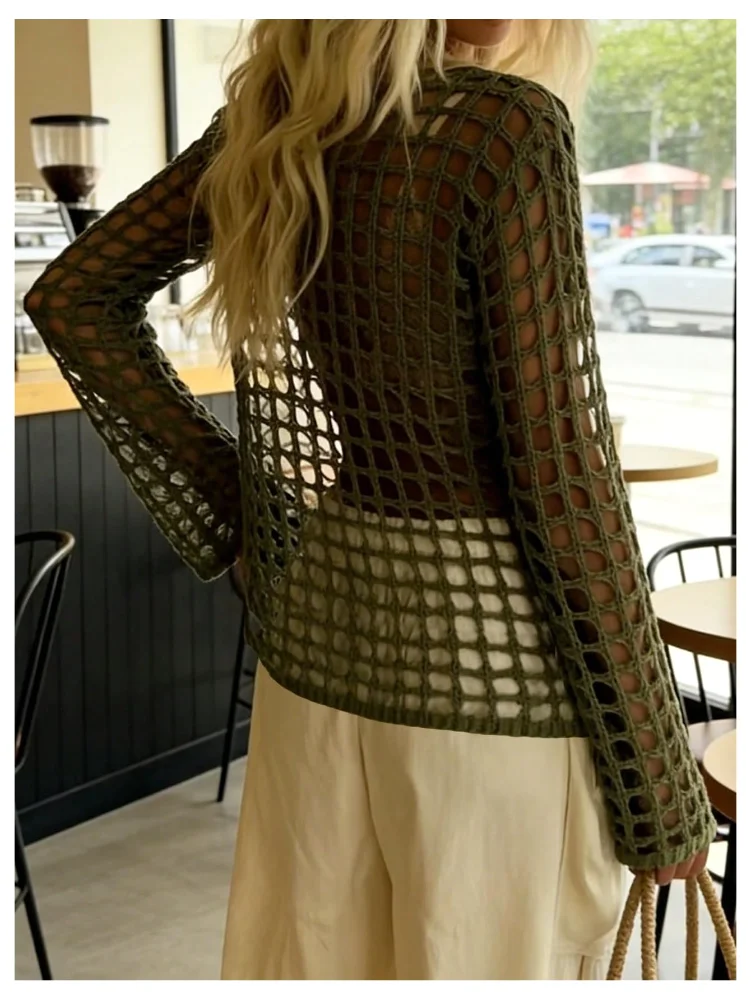 MAKEMECHIC Crochet Long Sleeve Tie Front Beach Cover-Up, view 3