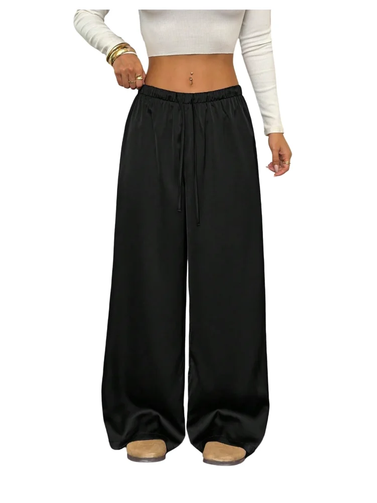 MAKEMECHIC Satin Wide Leg Silk Pants in Black