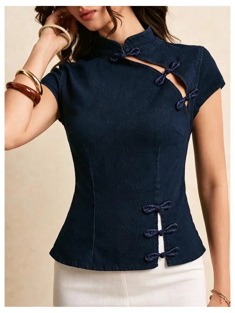 MAKEMECHIC Denim Cheongsam Mandarin Top, view 3