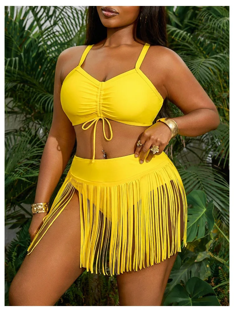 MAKEMECHIC Ruched Fringe Bikini Set, view 2