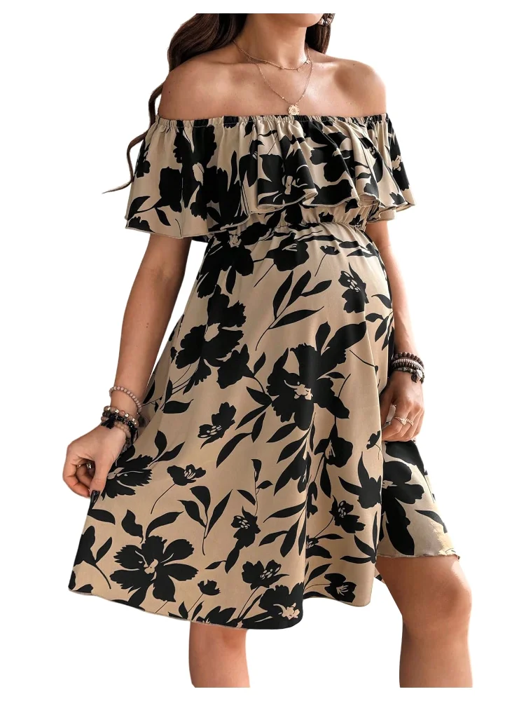 MAKEMECHIC Floral Ruffle Off The Shoulder Maternity Dress