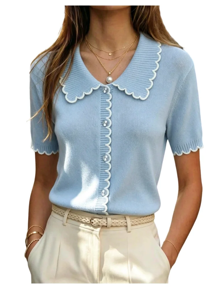 MAKEMECHIC Short Sleeve Scalloped Lightweight Cardigan