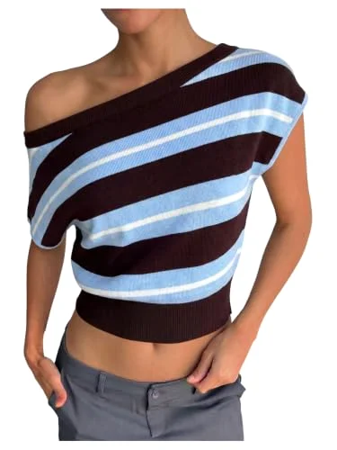 MAKEMECHIC Striped Short Sleeve One Shoulder Sweater