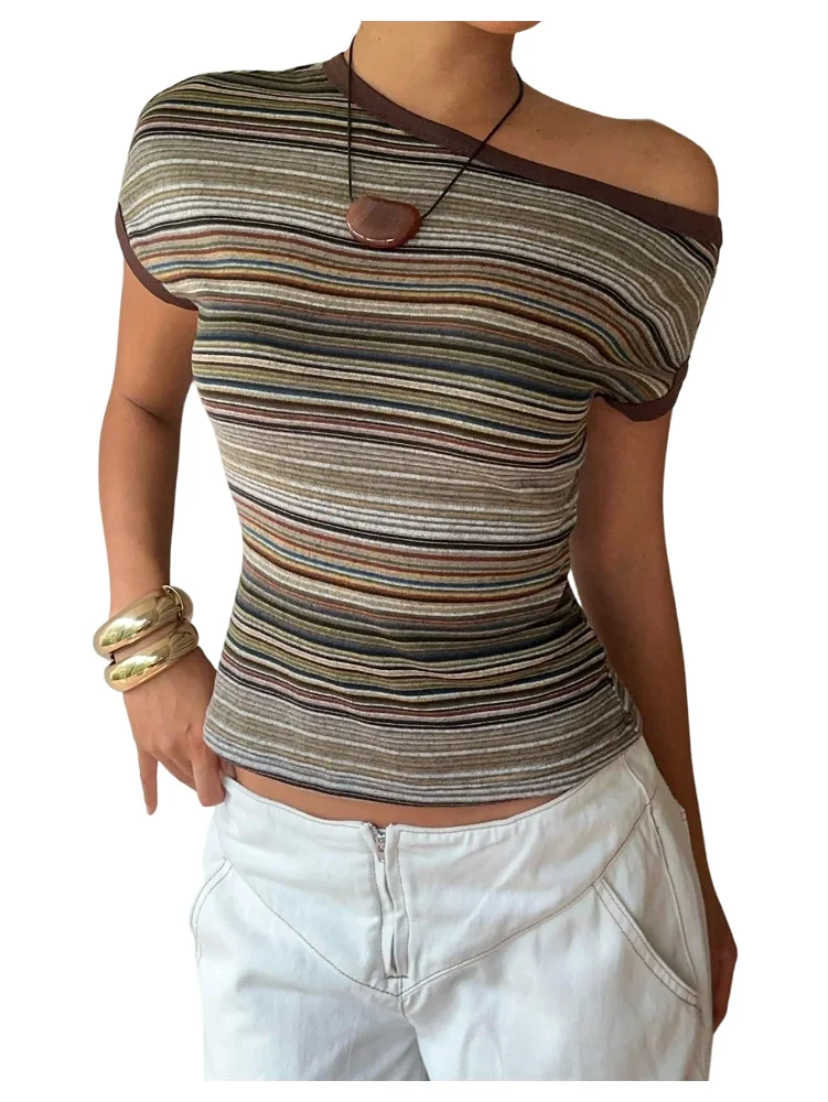 MAKEMECHIC Striped One Shoulder Short Sleeve Shorts