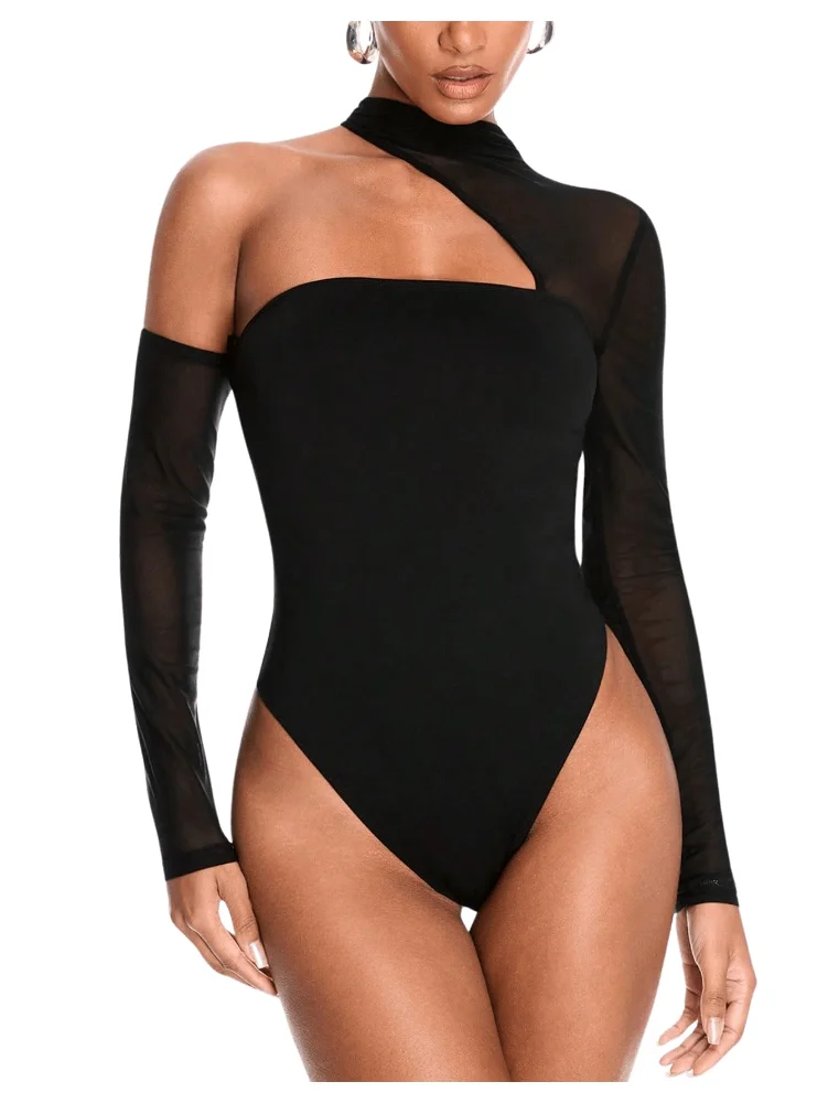MAKEMECHIC Mesh Asymmetrical Cut Out Bodysuit