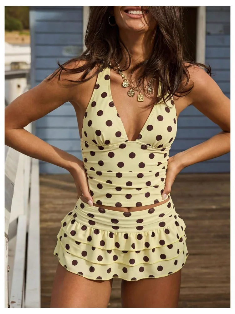 MAKEMECHIC Polka Dot Deep V-Neck Tankini, view 2