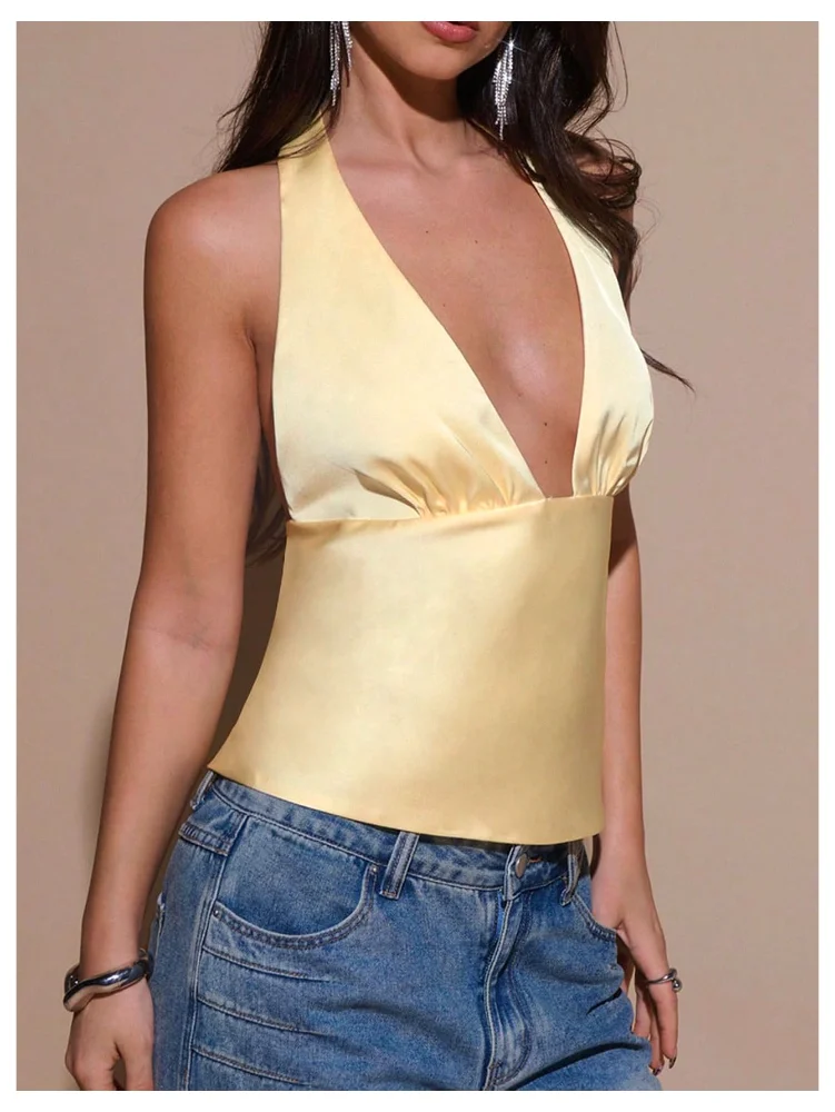 MAKEMECHIC Satin Blackless Halter Top, view 3