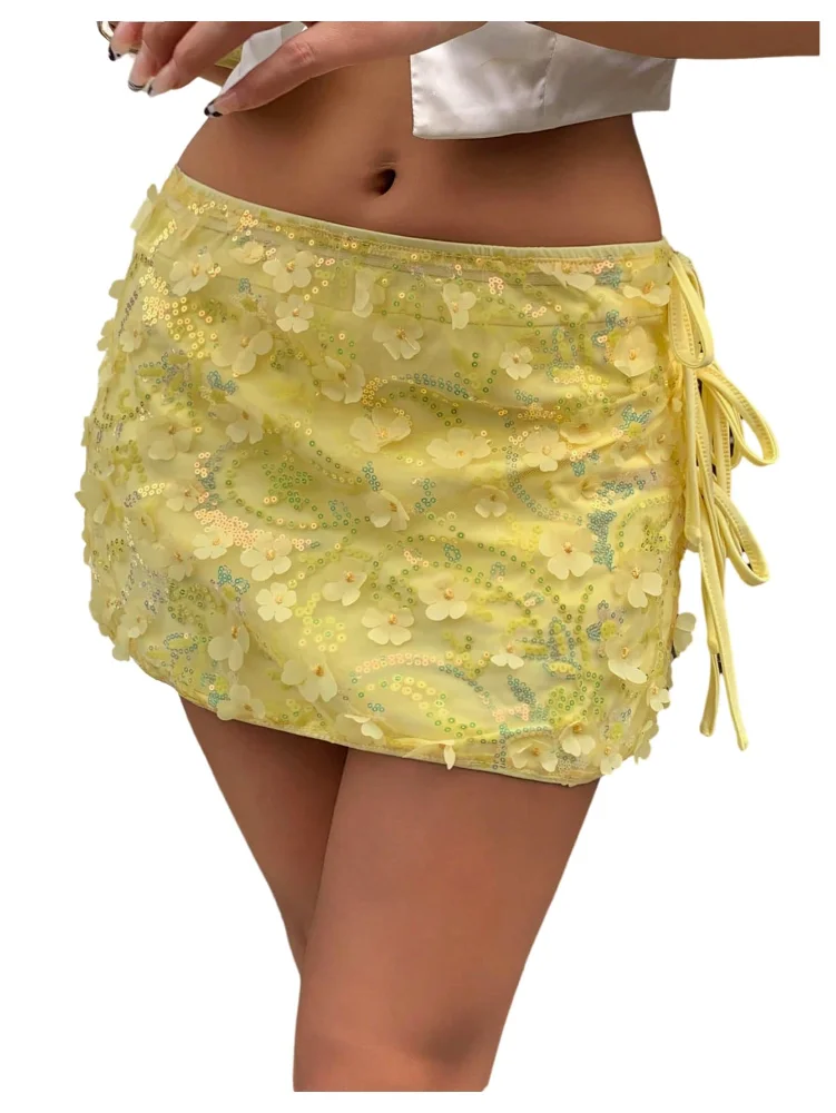 MAKEMECHIC Floral Sequin Bow Mini Skirt