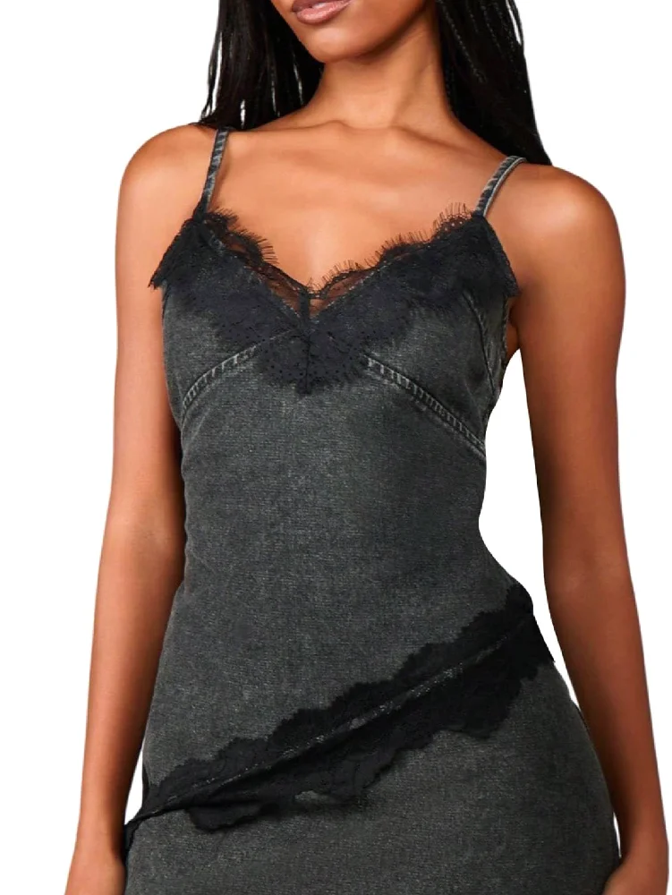 MAKEMECHIC Lace Denim Spaghetti Tank Top