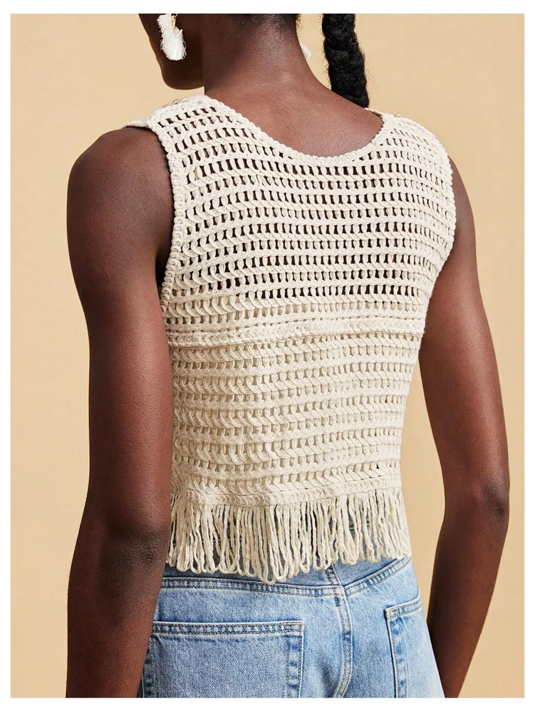 MAKEMECHIC Crochet Hollow Fringe Crop Top, view 3