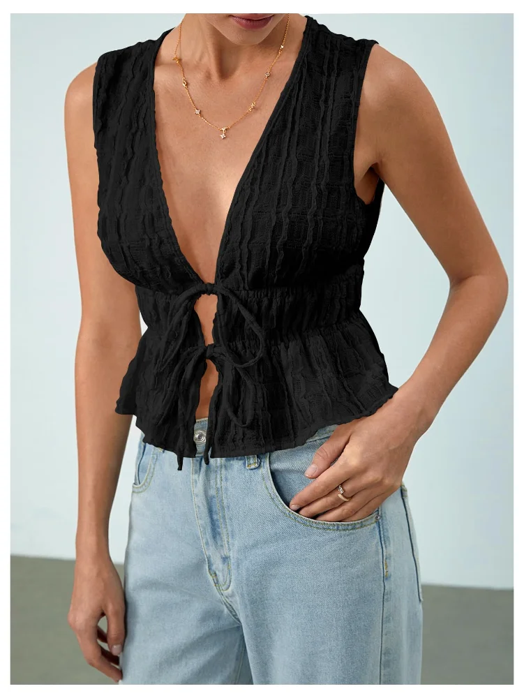 MAKEMECHIC Tie Front Sleeveless Flowy Tank Top, view 3