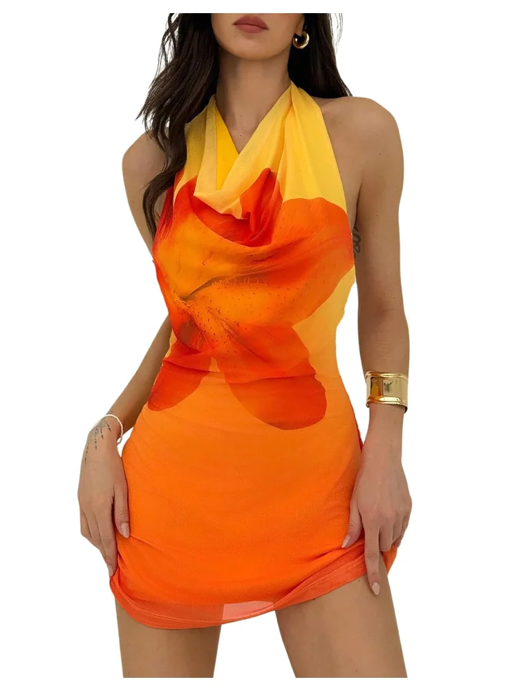 MAKEMECHIC Floral Backless Cowl Neck Mini Dress