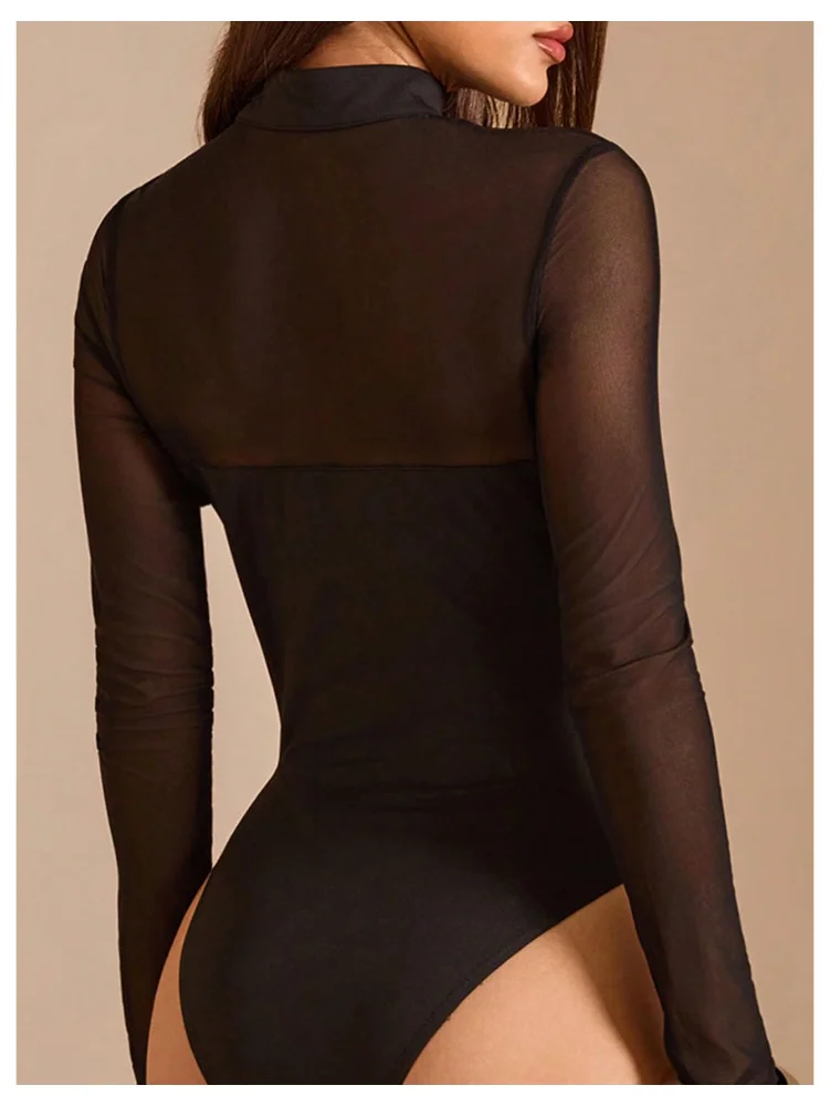 MAKEMECHIC Mandarin Collar Mesh Bodysuit, view 3