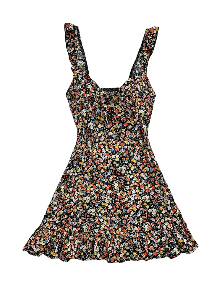 MAKEMECHIC Ditsy Floral Print Shirred Dress