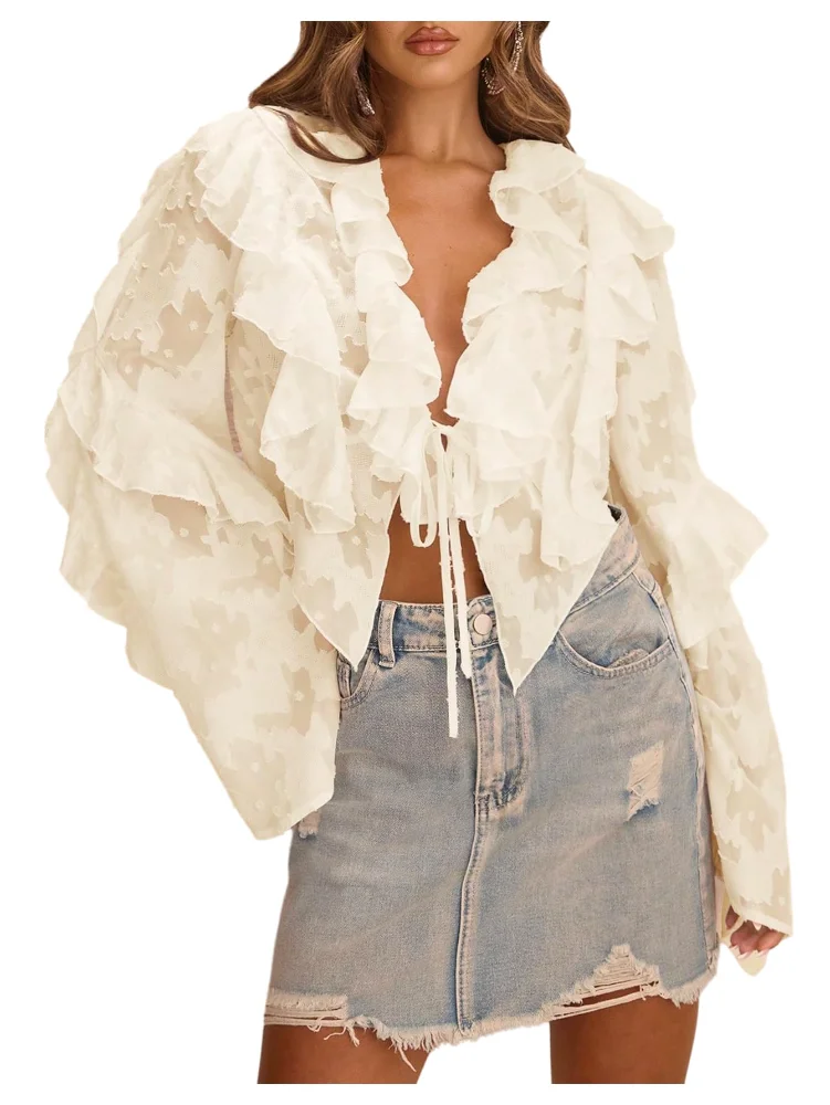 MAKEMECHIC Tie V-Neck Ruffle Crop Top