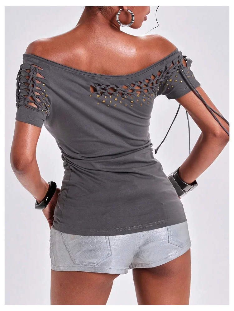 MAKEMECHIC Off Shoulder Cutout Punk Shirt, view 2