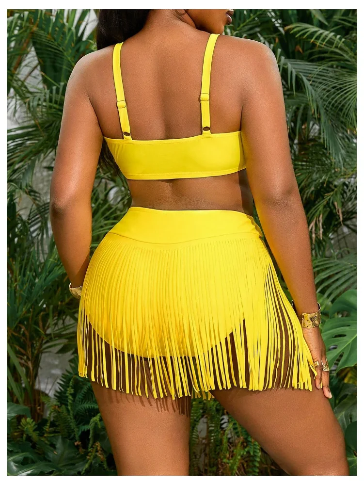 MAKEMECHIC Ruched Fringe Bikini Set, view 3