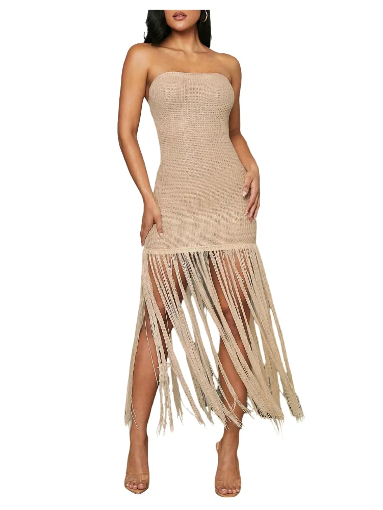 MAKEMECHIC Crochet Fringe Backless Dress