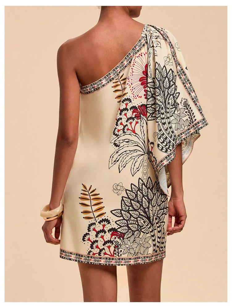 MAKEMECHIC Tropical One Shoulder Hawaiian Mini Dress in Apricot, view 2