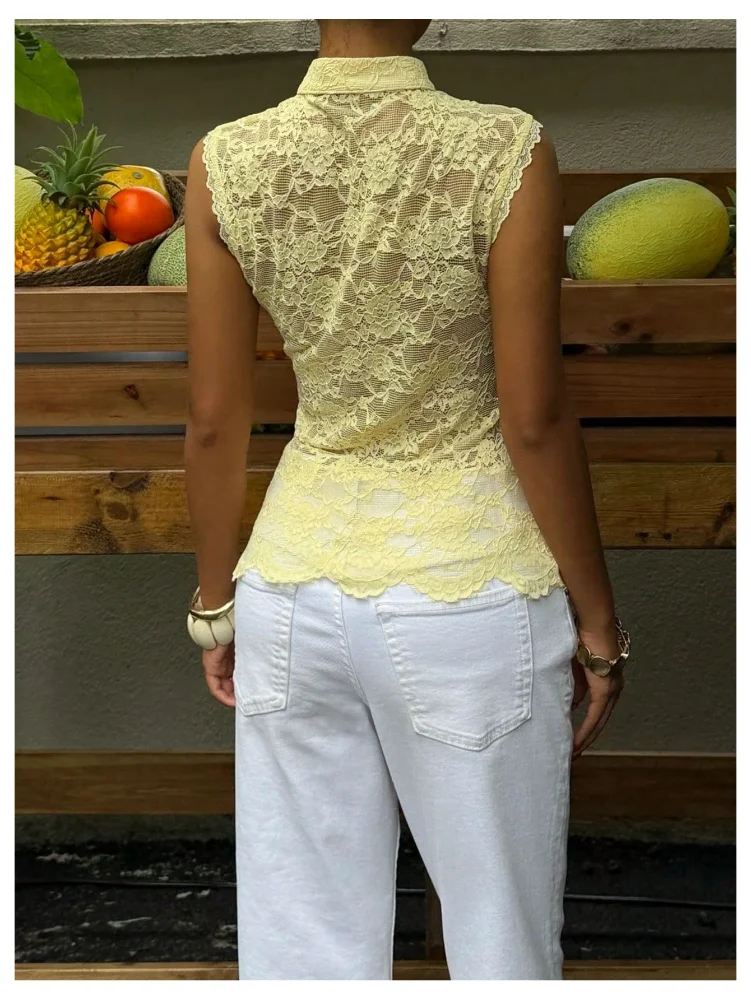 MAKEMECHIC Lace Frog Button Tank Top, view 2