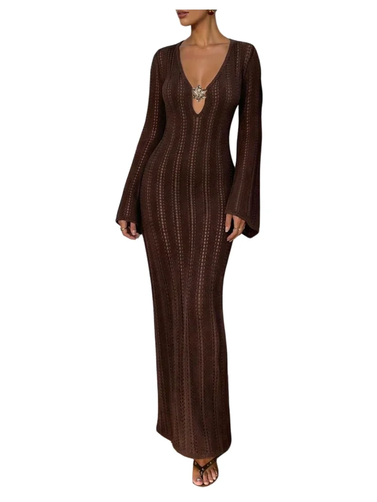 MAKEMECHIC Crochet Long Sleeve Maxi Beach Cover-Up