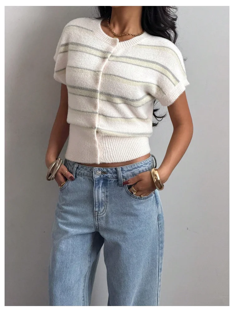 MAKEMECHIC Striped Short Sleeve Cropped Cardigan, view 2