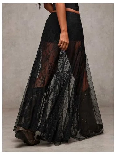 MAKEMECHIC Lace Sheer Polka Dot Maxi Skirt, view 2