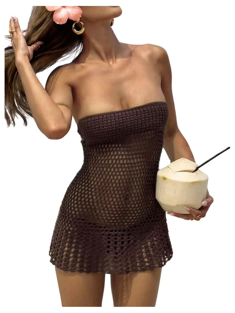 MAKEMECHIC Crochet Sheer Strapless Beach Cover-Up