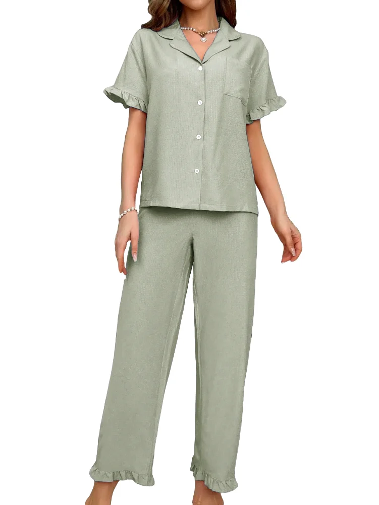 MAKEMECHIC Short Sleeve Button Up Long Pajamas
