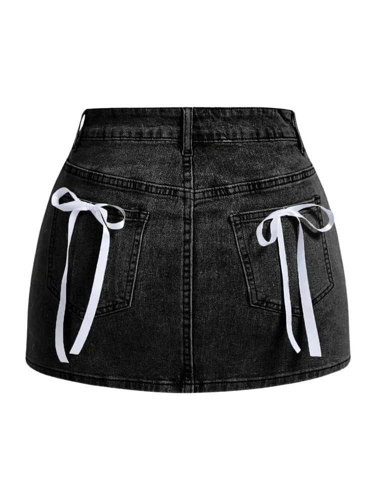 MAKEMECHIC Denim A Line Bow Mini Skirt