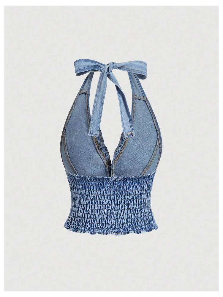 MAKEMECHIC Shirred Denim Tie Halter Top, view 2