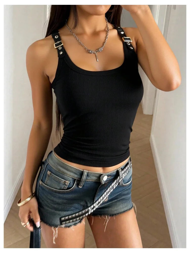 MAKEMECHIC Square Neck Ribbed Punk Crop Top, view 2