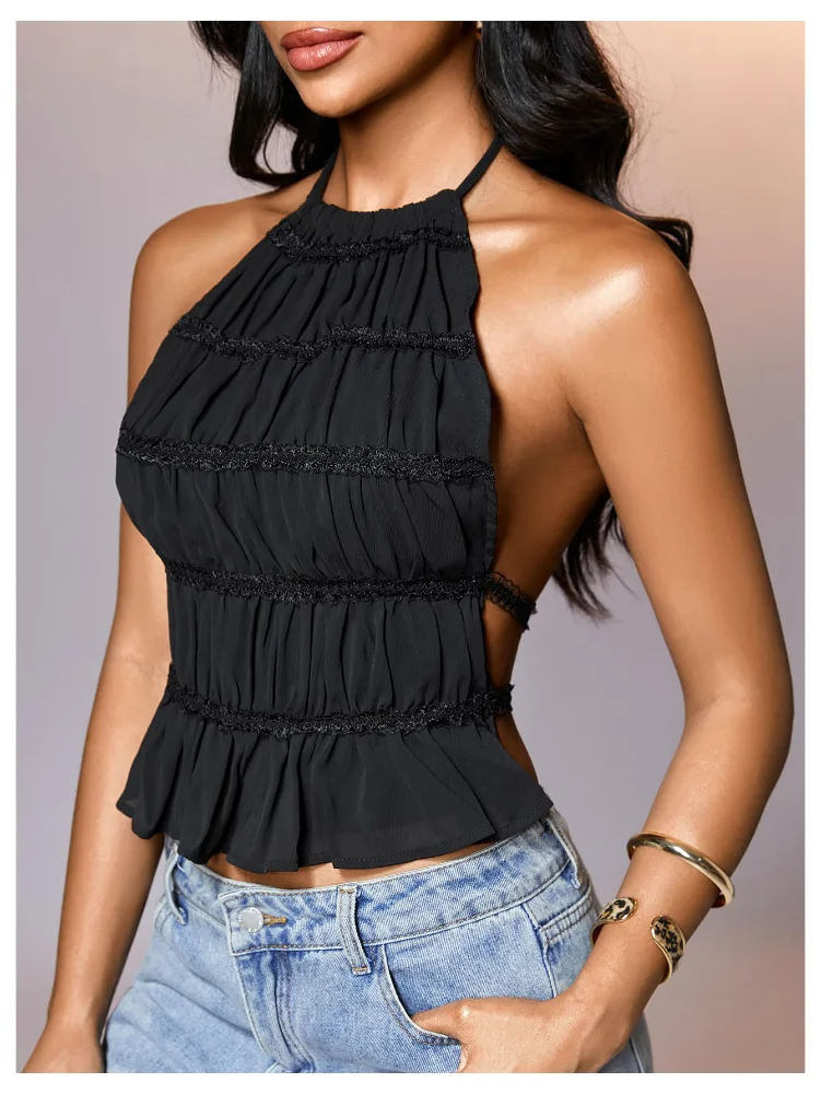 MAKEMECHIC Crop Open Back Ruffle Halter Top, view 2