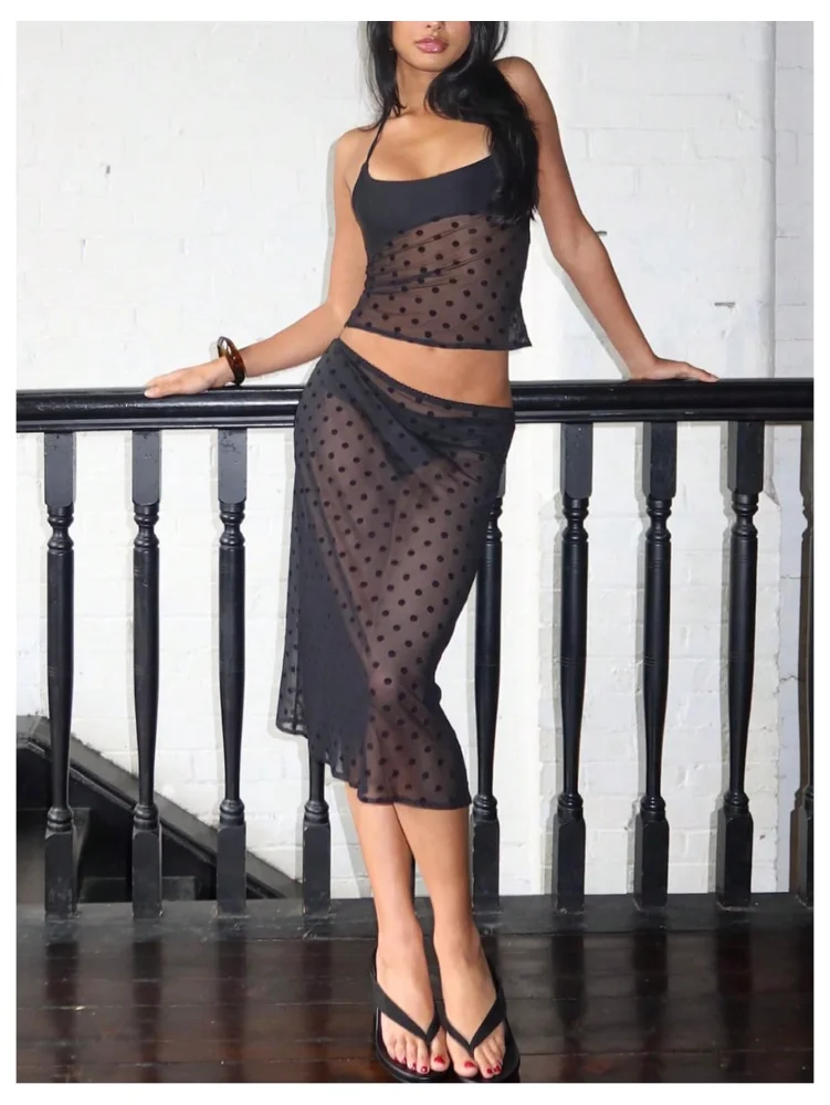 MAKEMECHIC Polka Dot Sheer Midi Two-Piece Set, view 2