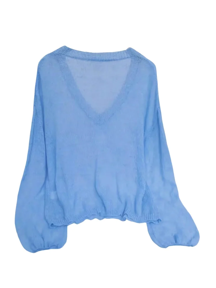 MAKEMECHIC Crochet Long Sleeve V-Neck Sweater