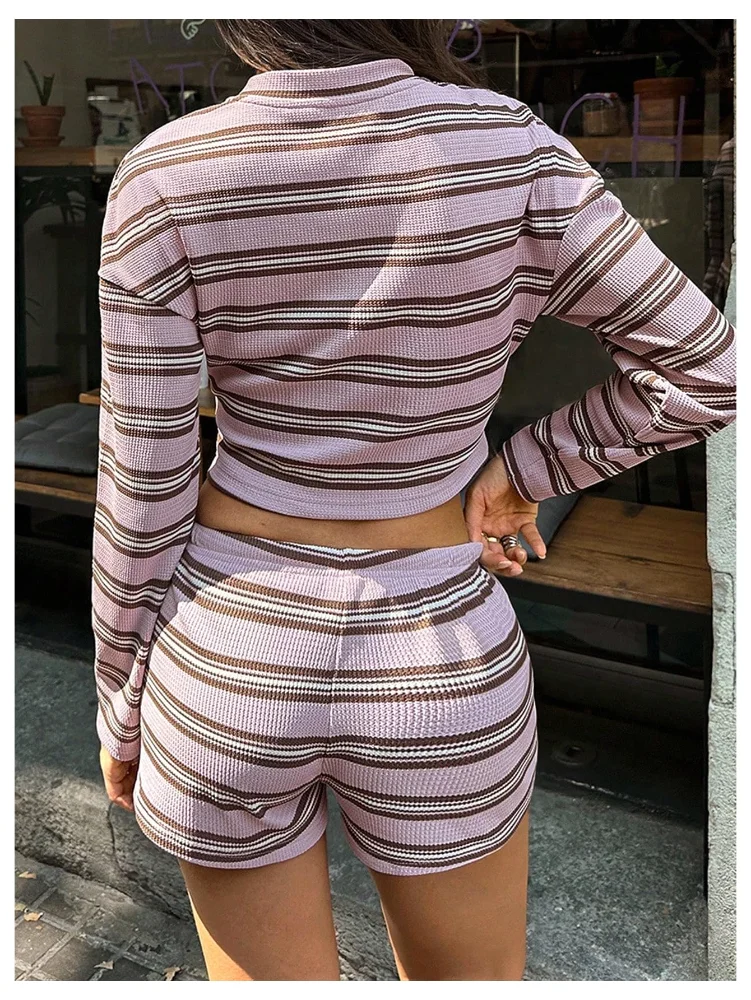 MAKEMECHIC Striped Long Sleeve Button Down Shorts Set, view 2