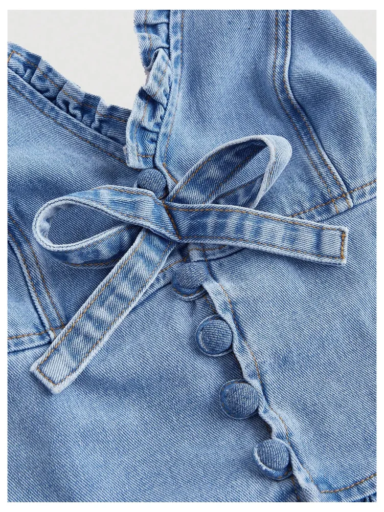 MAKEMECHIC Shirred Denim Tie Halter Top, view 3